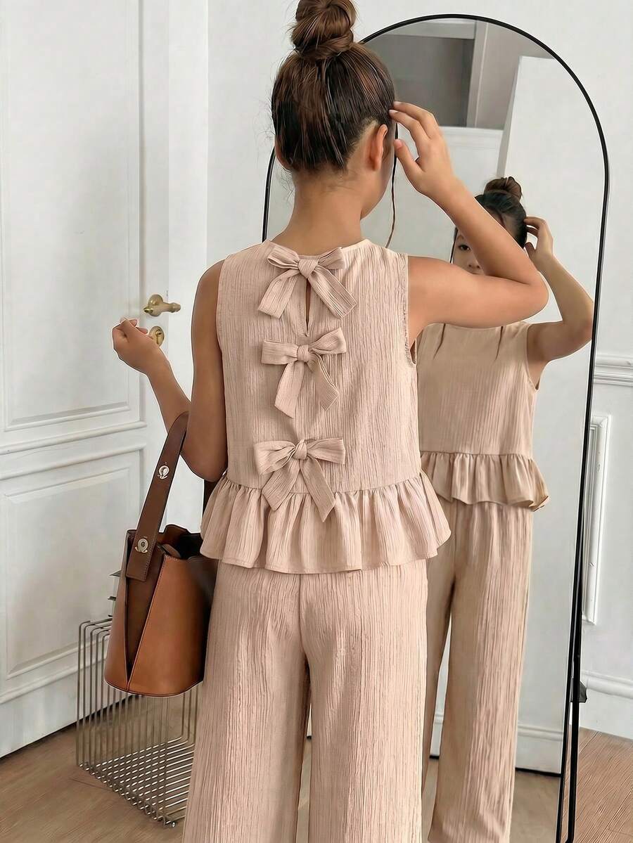 SHEIN Bộ 2 món cho bé gái tuổi teen, màu mơ, kiểu dáng thường ngày, cổ tròn, chất liệu vải có họa tiết, thắt nơ sau lưng, gồm áo tank top và quần legging. - Màu be - Xem 1