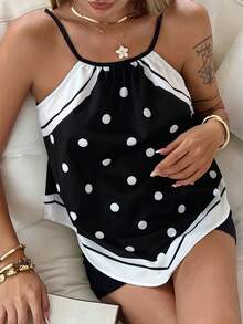 Livesso Polka Dot Print Contrast Color Patchwork Black Camisole, Suitable For Music Festival, Valentine's Day, Wedding, Casual, Beach, Summer - Black - View 7