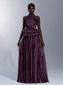 Elitara Elegant Minimalist Classical Design Woven Cold Shoulder Draped Neck Pleated Jellyfish Double-Layer A-Line Formal Evening Gown - Dark Purple - View 4