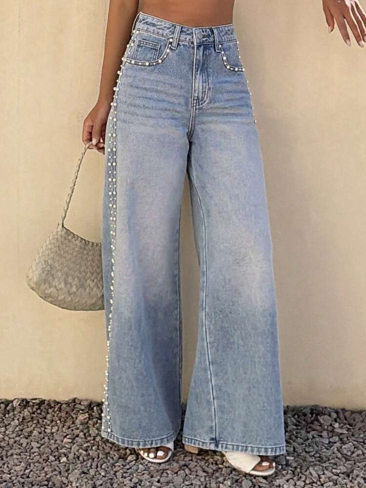 Women's Regular Waist Pearl Beaded Loose Straight Leg Casual Jeans