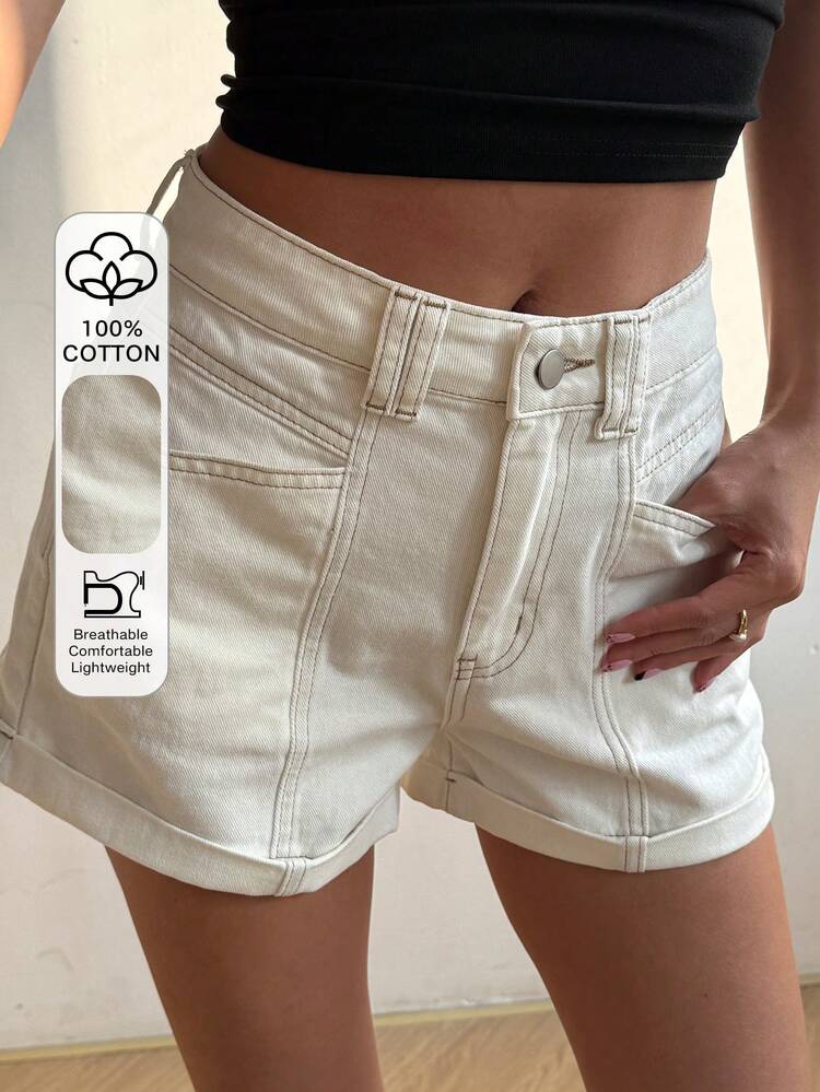 Women's Summer Low Waist Short Cuffed Decorative Seam Casual Denim Shorts Jorts