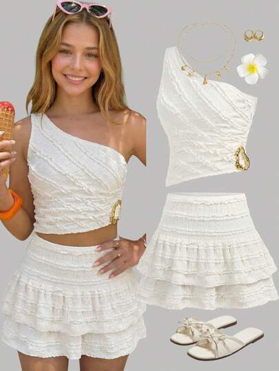 Girlism 少女针织纹理不对称下摆露脐上衣和荷叶边迷你裙套装，吊带背心套装，休闲度假，海滩，音乐节，姐妹装