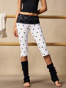 VARSITIE Women's Polka Dot Lace Patchwork Leggings - Black and White - View 9