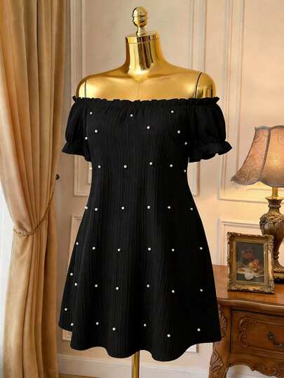 Breezaya Vestido elegante de hombros descubiertos talla grande, diseño de cintura estilizante con decoración de perlas falsas, versátil para uso diario, ir al trabajo, fiestas, citas, sesiones de fotos