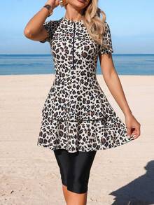 Swim Mulvari Leopard Print Waist-Cinching Modest Tropical Swimwear Two Pieces Set Beach Beige Black Summer - Multicolor - View 3