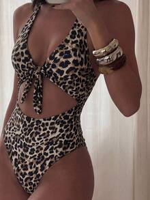 SHEIN Swim Newest Multi-Color Leopard Print Chest Tie Up Sexy Fitted One-Piece Bikini Swimsuit For Summer Beach Vacation - Multicolor - View 1