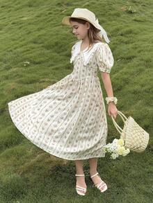 SHEIN Serisse Kids 女童白色夏季端莊茶會復古油畫花卉印花中長洋裝，缺口領泡泡袖仙氣宮廷風 - 彩色 - 查看 3