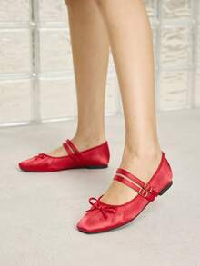 MOTF WOMEN'S ELEGANT MINIMALIST COMMUTING SOLID COLOR BOW DECOR DOUBLE BUCKLE STRAPS BALLET FLATS SHOES FOR CHRISTMAS VALENTINE'S DAY - Red - View 2