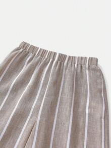 SHEIN Tween Girls' Vacation Casual Khaki Textured Striped Sleeveless Top & Extended Pants Set - Khaki - View 3