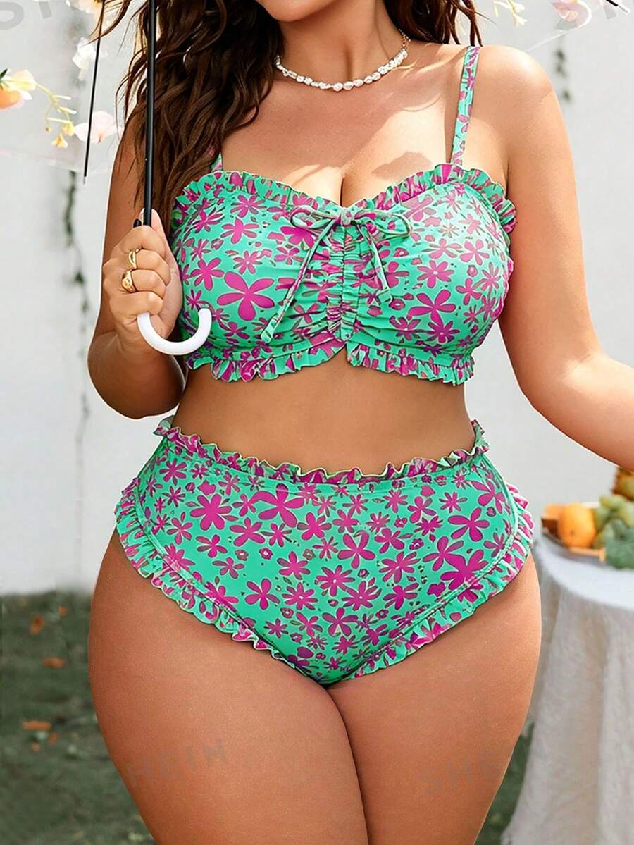 SHEIN Swim Mod Plus Size Women's Ditsy Floral 2-Piece Spaghetti Strap Ruffle Trim Drawstring Triangle Bikini Swimsuit - Multicolor - View 1