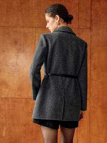 MOTF PREMIUM WOOL PEAK COLLAR FLAP DETAIL BELTED PEA OVERCOAT - Dark Grey - View 7