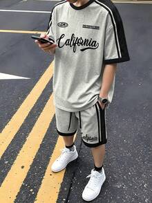 Manfinity Campus Court Men's Retro American California Letter Print Contrast Color Tape Raglan Sleeve Loose Fit T-Shirt Set, Summer - Multicolor - View 3