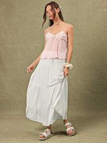 WESTFADE V Neck Bow Front Plisse Chiffon & Floral Lace Sleeveless Babydoll Cami Tank Top - Pink - View 4