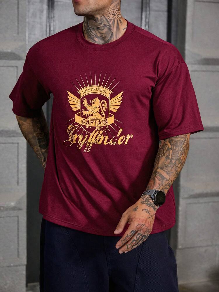 Men's Casual Maroon Letter Graphic Round Neck Short Sleeve T-Shirt, Summer
