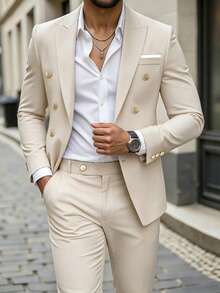 Manfinity Mode Conjunto de traje de hombre beige claro con solapa de muesca y doble botonadura, tejido de sarga, traje formal de verano para boda para hombres, estilo vintage de dinero antiguo, regalo de cumpleaños, fiesta, ceremonia - Beis - Ver 6