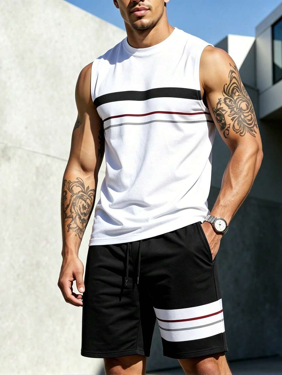 Manfinity Homme Men's Casual Hip Hop Striped Tank Top And Drawstring Waist Pocket Shorts Set, Street Style Essential, Fashionable And Dynamic, Holiday - Multicolor - View 1
