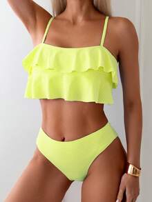 Swim Mod Women's Summer Beach Holiday Vacation Holiday Neon Yellow Layered Ruffle Bikini Set Tropical - Yellow - View 5