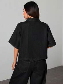 SHEIN PETITE 女款純色休閒短袖牛仔襯衫 夏季外出上衣 小碼女款 - 黑色 - 查看 2