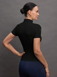 Activina Women's Solid Color Zipper Placket Short Sleeve Equestrian Top Black Mock Neck Top Women Black Short Sleeve Top Black Compression Top Women's Sports Top Women's Equestrian Top  Y3k  Seksi Chic  For Daily Wear Yoga Yoga Studio Tennis  Gym Indoor Outdoor Active  Ralphlauren Old Money - Black - View 8