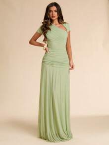 SHEIN BAE Đầm dài ôm dáng bất đối xứng, xếp ly, màu xanh lá cây, phù hợp cho khách dự đám cưới. - màu xanh lá - Xem 5