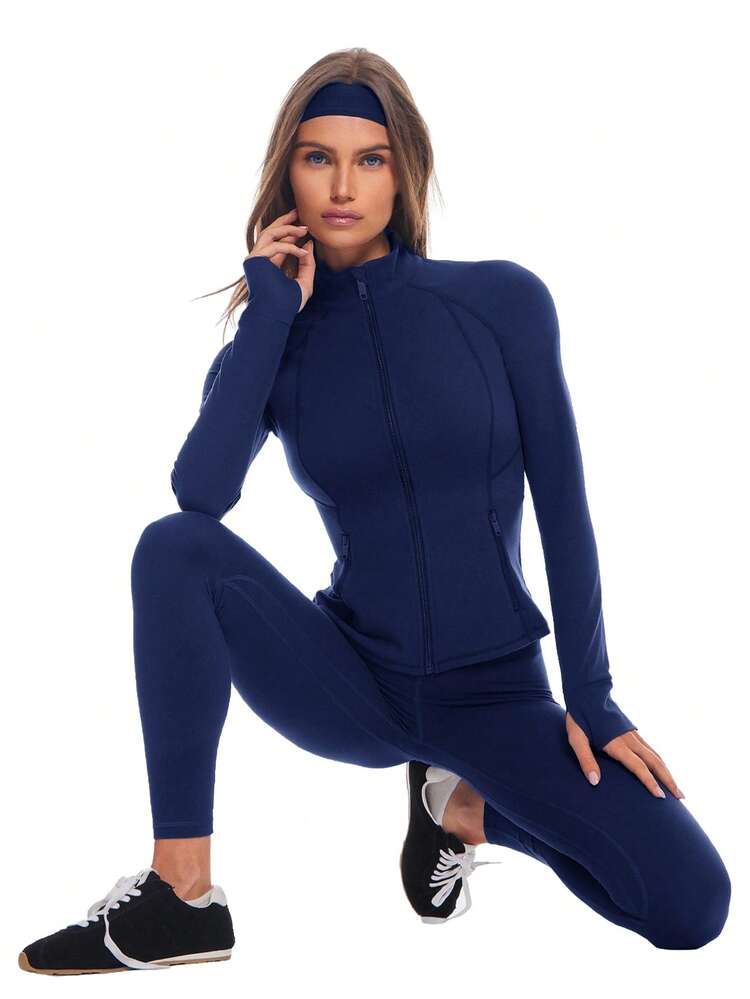 FeatherFit™ Slim-It Streamline Performance Secure Pockets Zip Up Long Sleeve Jacket Low Impact Yoga Pilates Daily Spring Summer