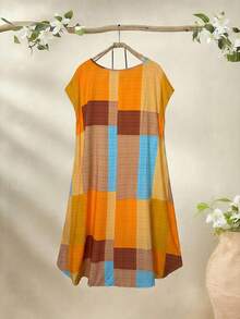 Rusticease Plus Size Women's Summer Boho Casual Orange Colorblock Round Neck Batwing Sleeve Dress,Vacation Holiday Beach Outfits,Spring Country Concert Clothing - Orange - View 2