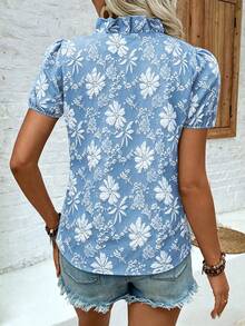EMERY ROSE Elegant V-Neck Ruffle Petal Sleeve Jacquard Textured Fabric Women Blouse - Blue - View 2