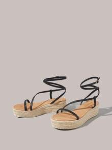 Styleloop Women's Black Fashion Solid Color Woven Casual Platform Wedge Sandals, Bohemian Vacation Style Vintage Ba Canvas Platform Ankle Sandals, Western Style, Music Festival Party Clothing, Vacation Atmosphere, Summer Wear, Travel Essentials - Black 3 - View 2
