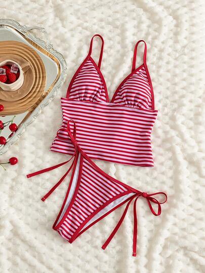 Swim Mod Bộ 2 món đồ bơi gồm áo hai dây và bikini in họa tiết sọc, dây đeo điều chỉnh được, gợi cảm và thanh lịch, thích hợp cho bãi biển và tiệc bể bơi.