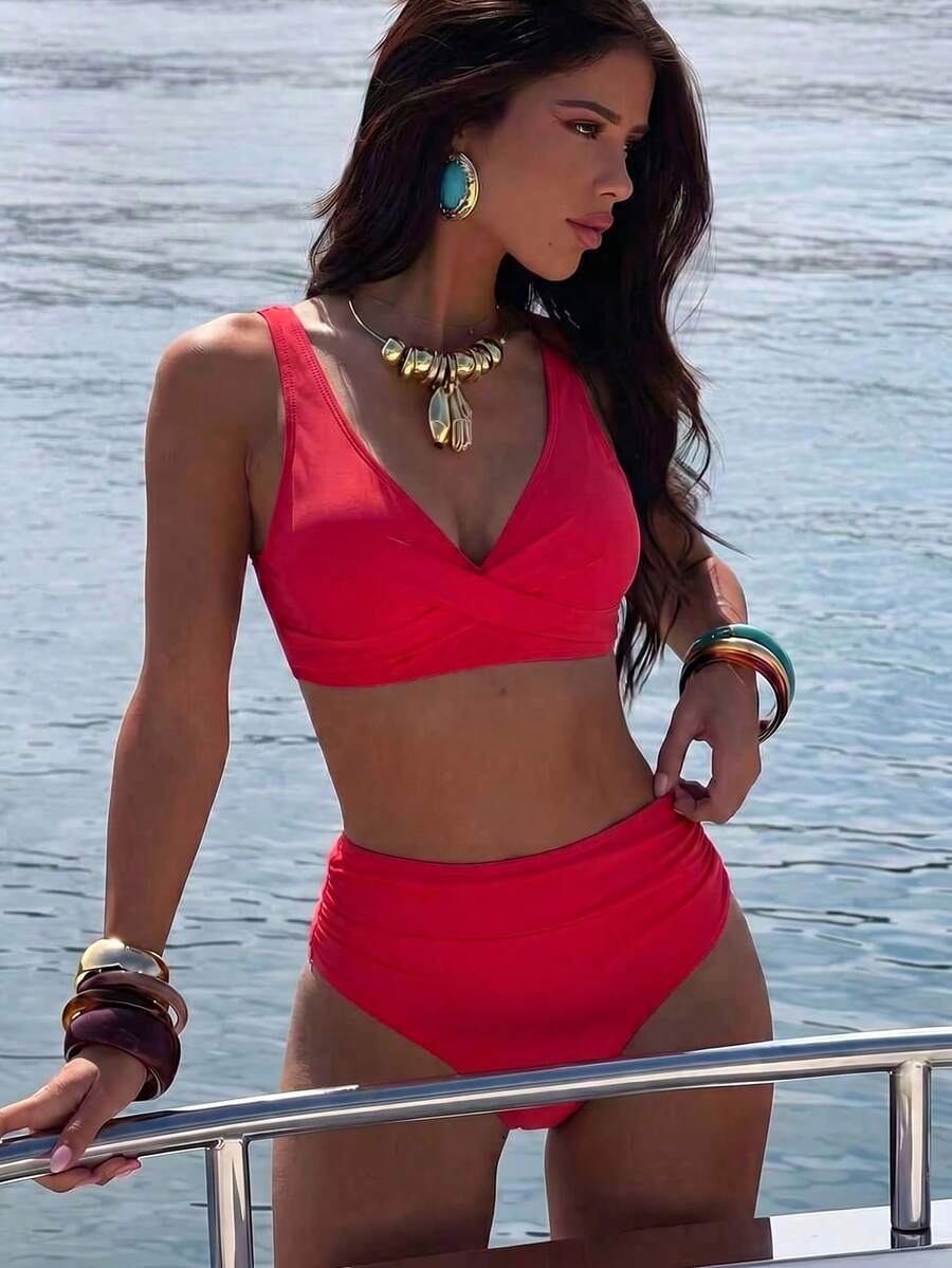 Swim SXY New V-Neck Solid High Waist 2 Pieces Bikini Set Swimsuit For Women, Beach & Summer Resort Outfits - Red - View 1
