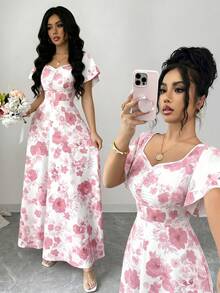 SHEIN Elenzya 女士玫瑰碎花褶皱前片荷叶袖腰部A字连衣裙，魅力优雅休闲度假通勤性感时尚约会法式街头复古百搭春夏红白多色新款短袖长裙 - 彩色 - 查看 1