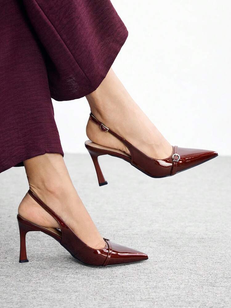 CUCCOO BIZCHIC Women Shoes Women's New European And American Simple Fashion French High Heel Color Scheme Paint High Heel Thin Square Heel Pointed Toe Low Vamp Square Circle Edge Buckle Sexy Comfortable Light Lazy Slip-On Versatile Commuting Spring Autumn Four Seasons PU Fabric Workplace Classic Shoes Street Fashion Party Dating Elegant Temperament Women's Shoes