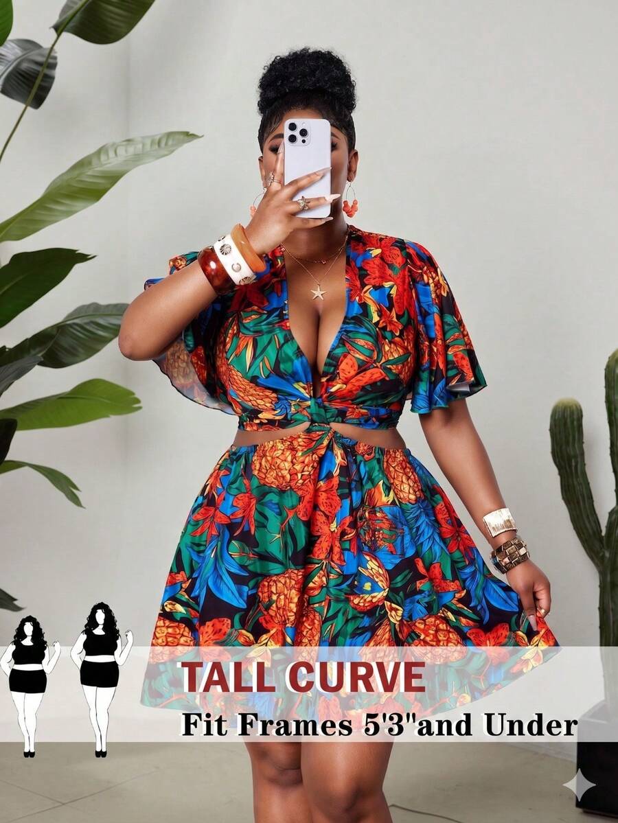 SHEIN Tall CURVE Đầm cỡ lớn in họa tiết nhiệt đới, kiểu dáng thường ngày, khoét eo. - Nhiều màu - Xem 1