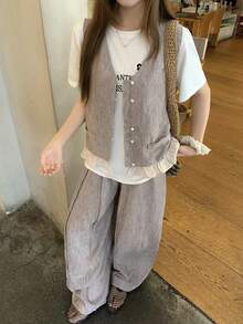 DAZY 女款蕾絲拼接V領無袖外套與寬腿褲優雅性感度假夏季兩件套高爾夫馬卡龍色居家休閒套裝 - 卡其色 - 查看 3