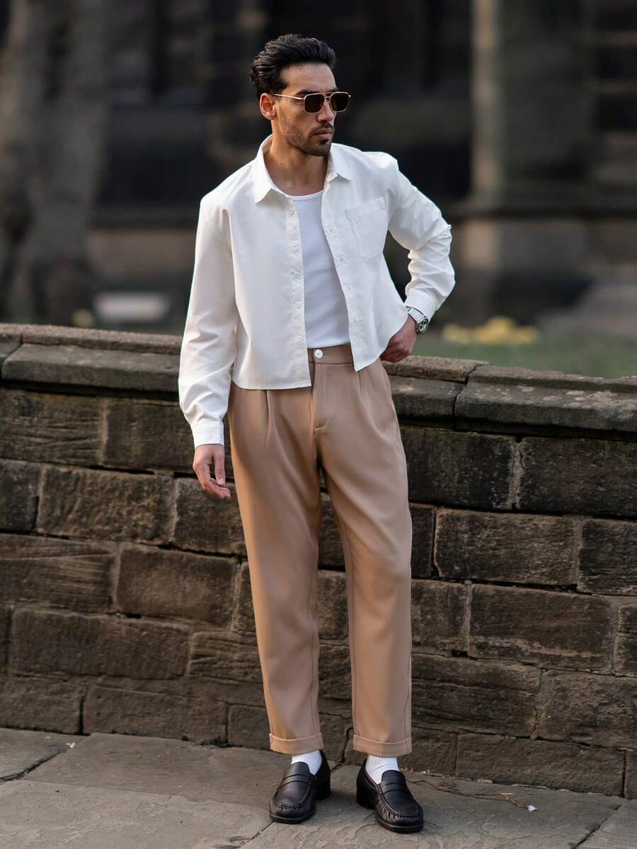 YOUESAWY YOUESAWY Manfinity Bizformal Men's Straight Leg Casual Trousers, Retro British Style Versatile Pants,Boyfriend Gifts,Valentine' Day Men,White Men Pants Men Pleated Suit Pants Men Pants Beige Pants For Men Men High Waisted Pants Men Khaki Pants - Khaki - View 1
