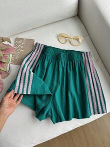 Comfortcana Quần short nữ cỡ lớn mùa hè kiểu dáng thể thao thường ngày, cạp chun, phối ren tương phản, dáng rộng. - Màu xanh lá cây đậm - Xem 6