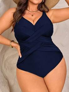 Swim Chiccia Áo tắm liền thân cỡ lớn dành cho nữ, ôm sát, có bèo nhún chéo, dây đeo điều chỉnh được, màu trơn. - Màu xanh hải quân - Xem 5