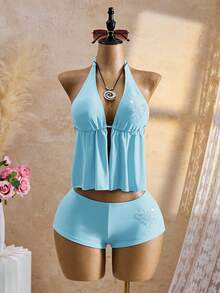 Bellisia 26SS Summer Holiday Beach Holiday Rhinestone Butterfly Halter Tankini Swimwear Set Sky Blue Sexsy - Baby Blue - View 6