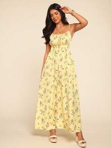 Women's All-Over Print Summer Sleeveless Knot Strap Dress - 黃色 - 查看 6