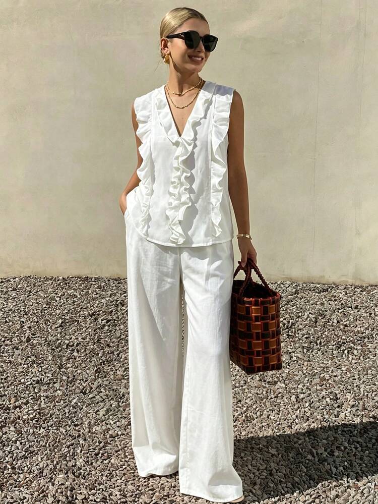 Women's Ruffled Loose Top And Wide Leg Pants 2 Pieces Set Lounge Sets For Women