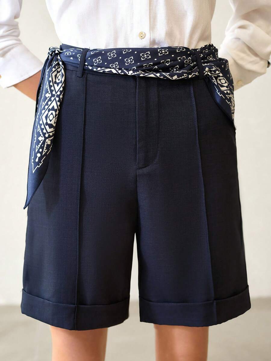 MOTF PREMIUM SUMMER NEW HIGH WAIST CASUAL SHORTS, LIGHTWEIGHT LOOSE STRAIGHT LEG BERMUDA SHORTS, COMES WITH NECKERCHIEF - Navy Blue - View 2