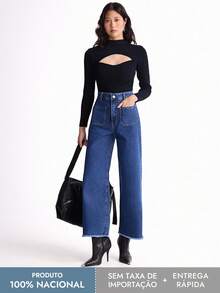 Daynim Calça Jeans Feminina Wide Leg Cropped Barra Desfiada - Lavagem Média - Visão 6