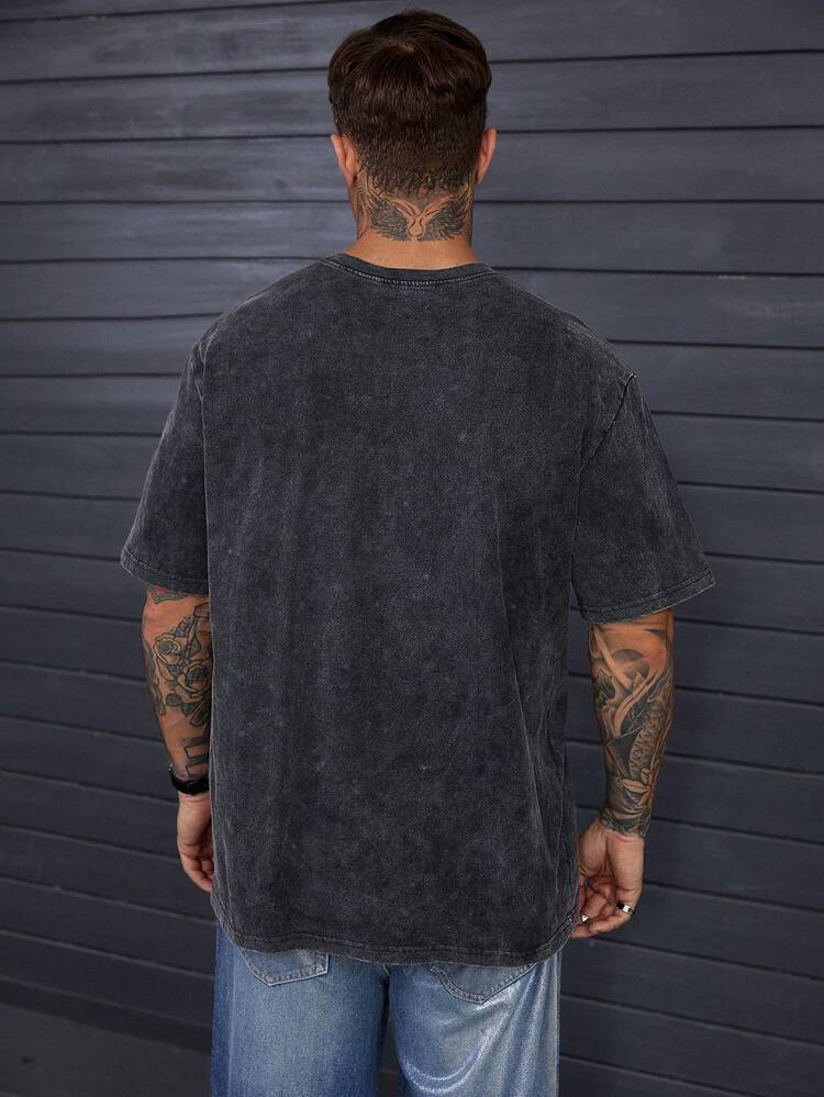 Men's Casual Letter Print Washed Round Neck Short Sleeve T-Shirt, Summer