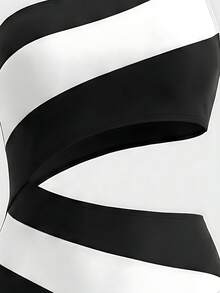 Sweetra Women's Color Block One Shoulder One-Piece Swimsuit For Swimming, Vacation, Summer Beach - Black and White - View 4