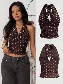 SHEIN Áo hai dây dáng rộng, cổ suông, màu nâu lưới tối giản dành cho nữ tuổi teen, phù hợp cho dạo phố, đi làm, thường ngày, hẹn hò, đi chơi với bạn bè, du lịch Ý và nhiều dịp khác. - màu nâu - Xem 2