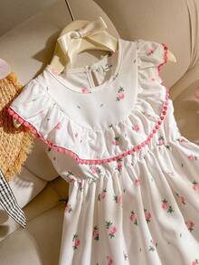 SHEIN 1pc Girls Summer New Round Neck Ruffle Trim Front, Open Water Drop Waist Elastic Ditsy Floral Casual Sweet Vacation Dress - Multicolor - View 4