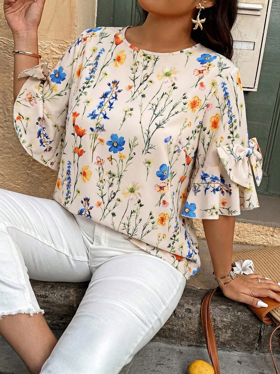 SHEIN LUNE Plus Size Random Print Round Neck Short Sleeve Shirt With Bow Decor - Multicolor - View 1