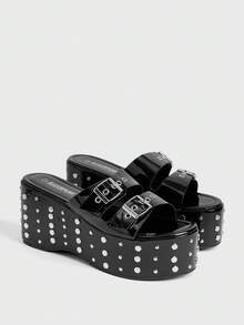 Sugerpunk Women's Shoes Black Spike Buckle Heel Platform Sandals Summer Shoes - Black - View 3