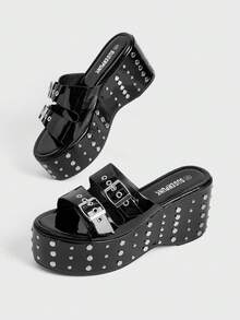 Sugerpunk Women's Shoes Black Spike Buckle Heel Platform Sandals Summer Shoes - Black - View 5