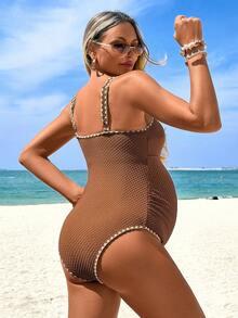 SHEIN Maternity Floral Trim One-Piece Swimsuit For Vacation - Brown - View 3